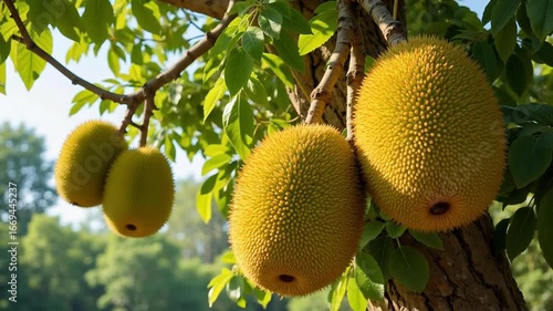Vibrant jackfruits hanging on healthy tree branches, showcasing natural beauty in lush tropical environment, perfect for travel and food content