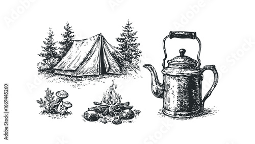 Sketch of a camping scene featuring a tent, campfire, mushrooms, and a kettle. Vector hand drawn illustration