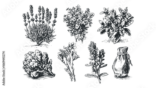 Collection of Vintage Botanical Illustrations of Herbs and Aromatics. Vector hand drawn illustration