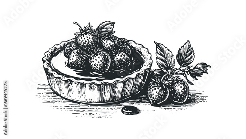 Engraved Style Strawberry Tart Filled with Fresh Berries and Stemmed Leaves. Vector hand drawn illustration
