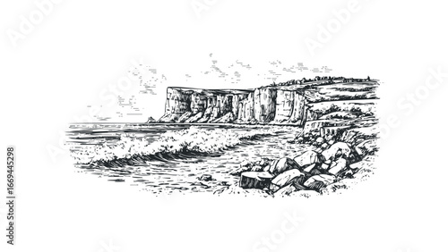 Sketch of a Rugged Coastline with Crashing Waves and Distant Cliffs. Vector hand drawn illustration