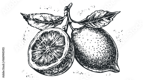 Vintage sketch of fresh lemons with leaves and detailed texture. Vector hand drawn illustration