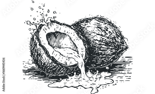 Splashing Water Pouring From Open Halved Coconut. Vector hand drawn illustration