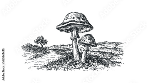 Detailed sketch of two mushrooms in a grassy field with rolling hills. Vector hand drawn illustration
