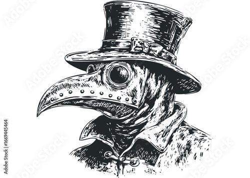 Stylized Sketch of a Person in Plague Doctor Mask and Top Hat. Vector hand drawn illustration