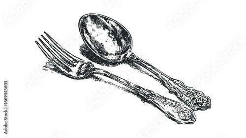 Ornate Fork and Spoon Set with Decorative Handles. Vector hand drawn illustration
