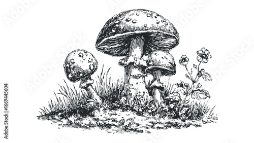 Group of assorted mushrooms with grass and small flowers sketched. Vector hand drawn illustration