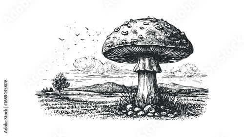 Intricate Sketch of a Large Amanita Mushroom in a Field with Distant Hills and Birds. Vector hand drawn illustration