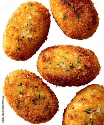 Crispy golden brown potato croquettes, overhead shot.