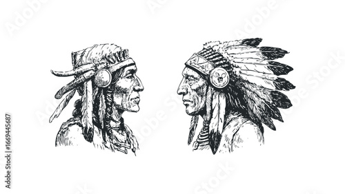 Two Indigenous Men in Traditional Headdresses Facing Each Other. Vector hand drawn illustration