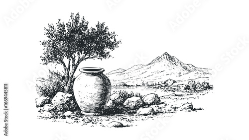 Ancient clay pot rests by a tree near a rocky landscape and distant mountains. Vector hand drawn illustration