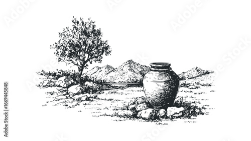 Ancient clay amphora sits beside a lone tree and rocky terrain with distant mountains. Vector hand drawn illustration