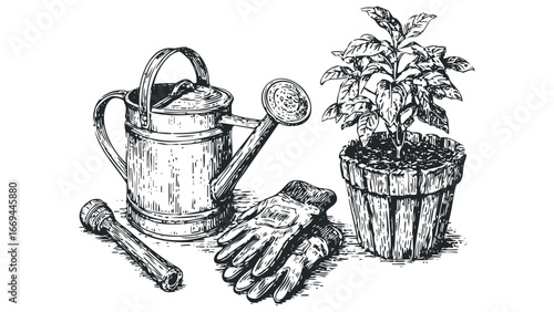 Vintage Gardening Tools and Potted Plant Ensemble. Vector hand drawn illustration