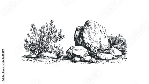 Sketch of rocky outcrop with arid vegetation and stones. Vector hand drawn illustration