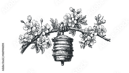 Hand-drawn sketch of a flowering branch with a stacked circular object. Vector hand drawn illustration