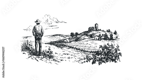Man in hat observing rolling hills with vineyard and distant farm buildings sketch. Vector hand drawn illustration