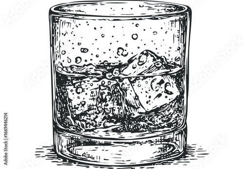Detailed sketch of a glass filled with ice and liquid. Vector hand drawn illustration
