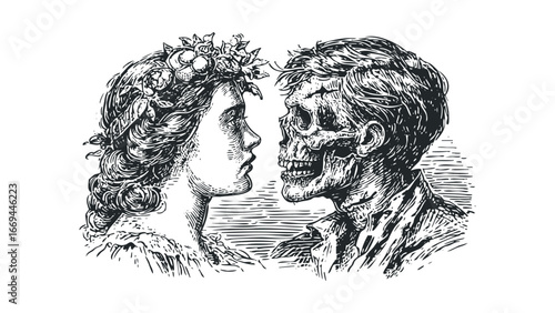 Woman wearing floral wreath gazes at skeleton's skull in profile. Vector hand drawn illustration