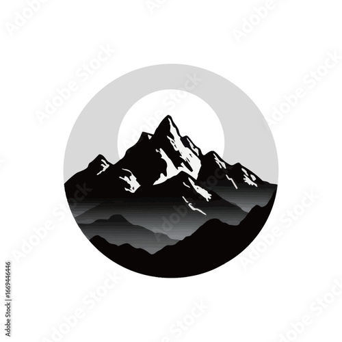 Tall peaks emerge proudly against a bright moon, creating a striking black and white contrast. This design emphasizes nature's grandeur through minimalist artwork, inspiring awe.