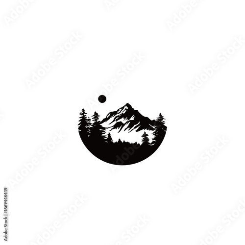 Tall peaks emerge proudly against a bright moon, creating a striking black and white contrast. This design emphasizes nature's grandeur through minimalist artwork, inspiring awe.