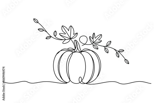 Minimalist single line drawing of a plump pumpkin with swirling vines and autumn leaves on a white background