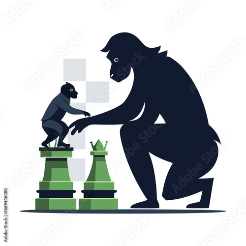 Unique silhouette vector of startup ape placing chess piece on growth board symbolizing business strategy, leadership, planning and innovation.