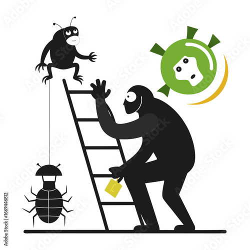 Creative vector silhouette of startup ape presenting coding bug issue, tech-inspired business illustration for developers, programming teams, innovation concept art