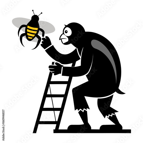 Creative vector silhouette of startup ape presenting coding bug issue, tech-inspired business illustration for developers, programming teams, innovation concept art