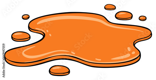 Orange Liquid Spill Illustration Splashes and Droplets Cartoon Style Glossy Surface