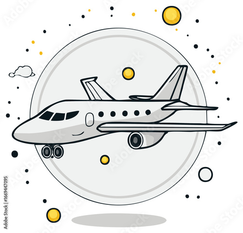 Whimsical Jet Airplane Flying Through a Starry Sky with Planets and Clouds