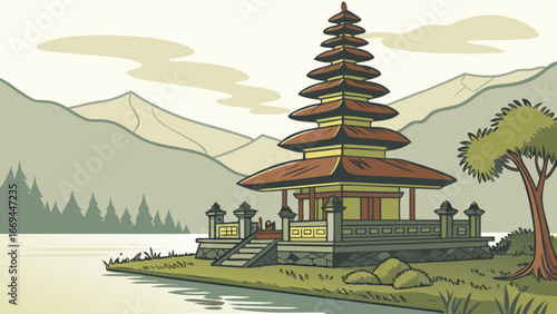Explore pura ulun danu bratan bali indonesia temple landmark travel destination scenic landscape drawing