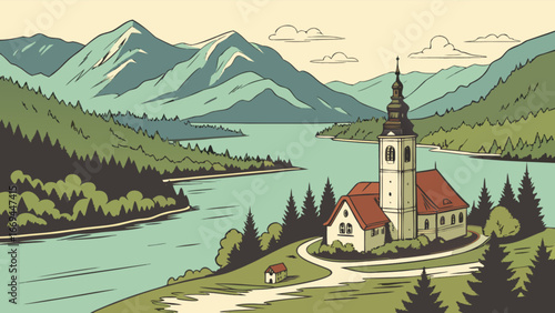Scenic lake bled church illustration with mountains and trees landscape drawing for travel and tourism design