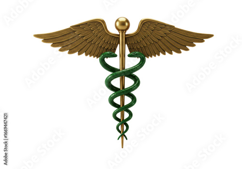 Isolated caduceus medical symbol with snakes wrapped around winged rod emblem art