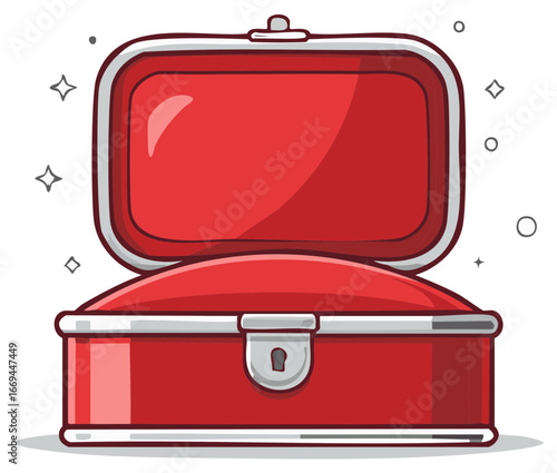 Open vintage red metal treasure chest with shiny clasp and decorative sparkles