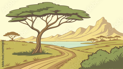 Savanna landscape illustration with acacia trees mountains and winding path scenic african safari drawing