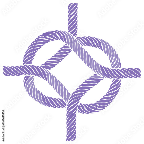 Stylized vector illustration of a purple twisted rope tied in a symmetrical square decorative knot
