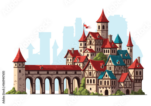Enchanting medieval castle illustration with intricate details and vibrant colors perfect for fantasy designs