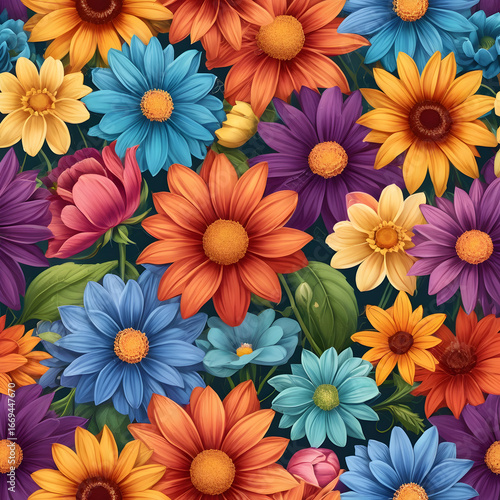 Wallpaper Mural Seamless Pattern of Colorful Flowers on Dark Background Torontodigital.ca