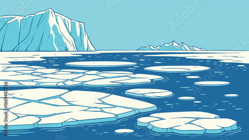 Arctic landscape illustration of icebergs and frozen ocean with mountains and blue sky background