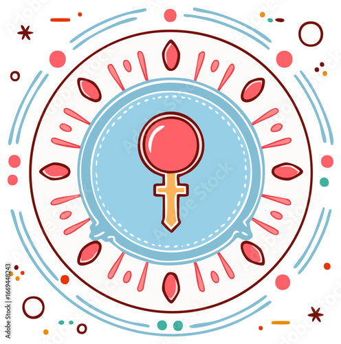 Feminine symbol inside decorative round border and colorful graphic elements in a doodle style