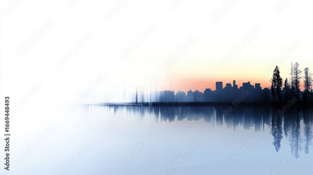 Naklejka premium Twilight sky over calm water with city skyline and trees reflected, subtle grain and serene mood, high fidelity, soft gradient colors