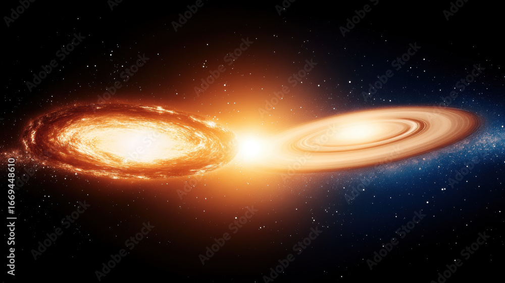 Fototapeta premium Twin galaxies colliding in dramatic shockwave, glowing with intense light and cosmic energy, surrounded by countless stars in deep space, evoking awe and wonder