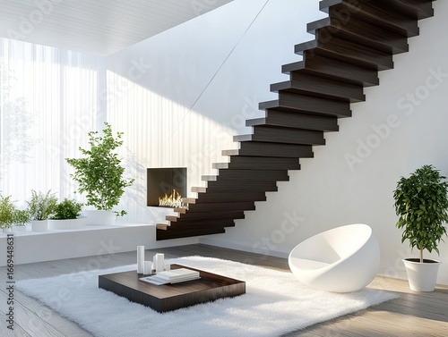 Minimalist Interior White Walls, Wooden Stairs, Fluffy Rug, Fireplace, and Modern Chair