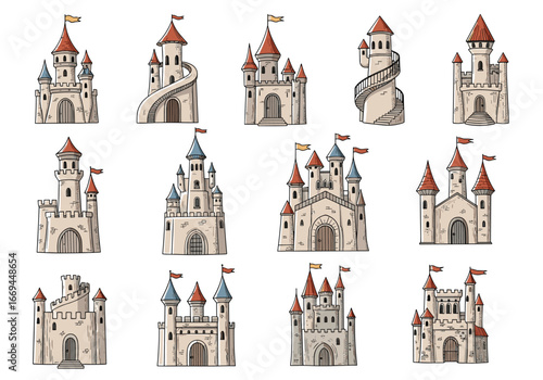 Whimsical fairytale castles collection for storybook illustrations, game design, and cartoon creation projects