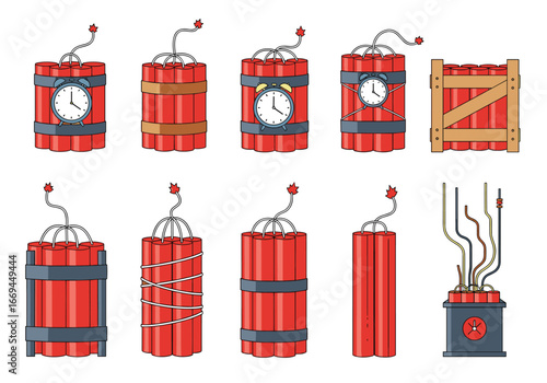 Dynamite sticks with alarm clocks set to explode in cartoon style illustration for suspenseful games and animations