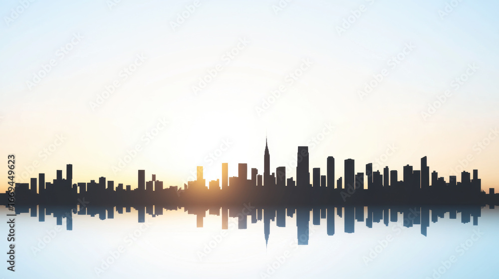 Fototapeta premium Urban skyline cityscape silhouette sunrise soft gradient sky golden light modern architecture reflection tranquil atmosphere high fidelity peaceful mood