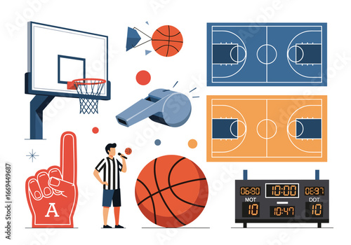 Exciting basketball game elements including court, referee, net, scoreboard, and fan gear