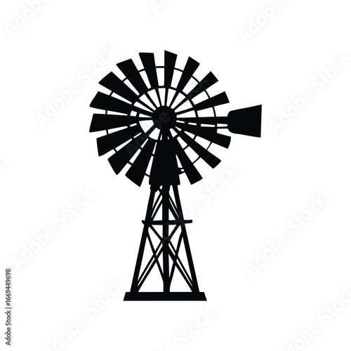 Black and white silhouette of a traditional farm windmill construction, farm windmill silhouette vector illustration