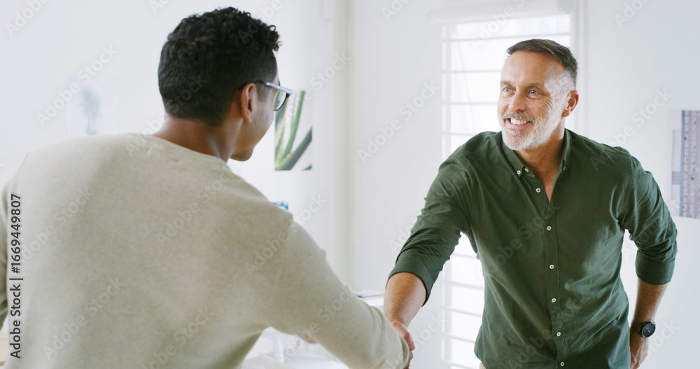 Fototapeta premium Handshake, meeting and welcome with business people in office for greeting, partnership and support. Success, shaking hands and smile with men in creative agency for agreement, deal and thank you