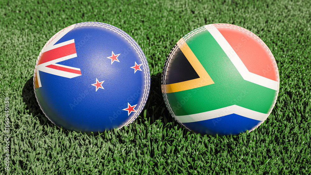 Naklejka premium Two cricket balls featuring the flags of New Zealand and South Africa, on a grassy field
